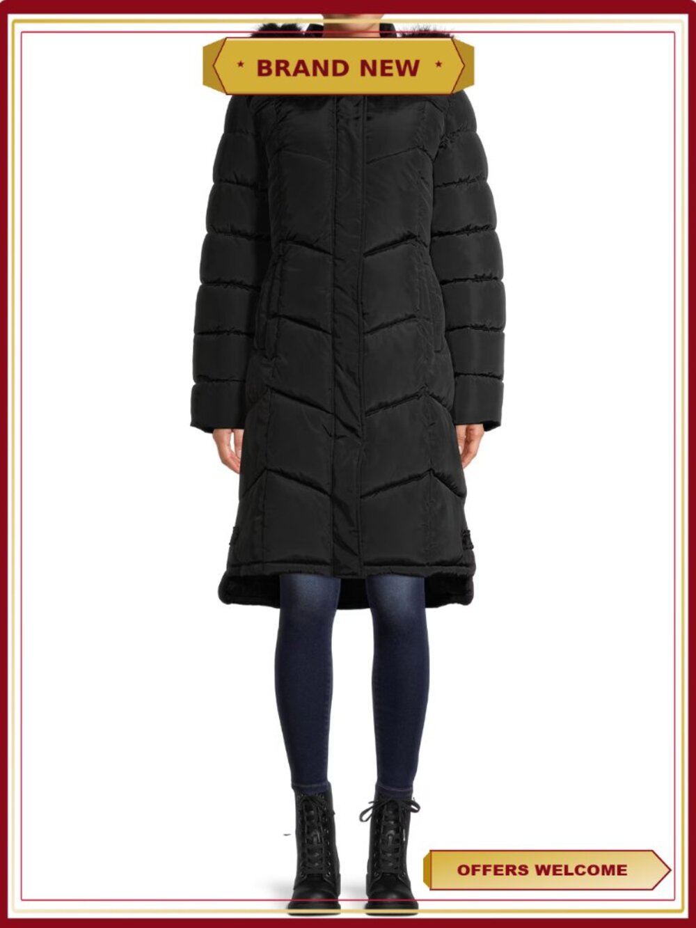 Women's Maxi Chevron Puffer Coat with Faux Fur Trim Hood Zip-Off